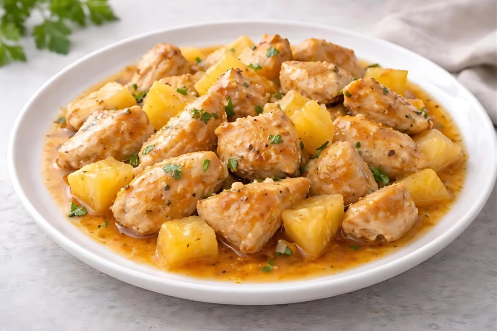 Pollo con pi&ntilde;a en plato blanco con trozos de pollo dorados y dados de pi&ntilde;a en salsa agridulce, fondo neutro y luz natural luminosa