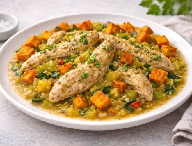 Pollo con verdura a la pimienta en plato blanco con solomillos de pollo dorados, salsa de calabac&iacute;n y puerro, y calabaza asada en dados, con luz natural y fondo neutro