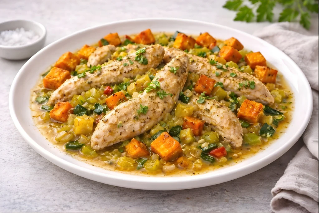 Pollo con verdura a la pimienta en plato blanco con solomillos de pollo dorados, salsa de calabac&iacute;n y puerro, y calabaza asada en dados, con luz natural y fondo neutro