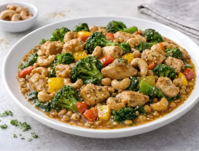 Pollo con verdura y anacardos salteados, con br&oacute;coli y pimiento en salsa ligera, servido en plato blanco con luz natural.