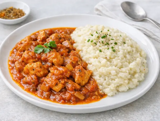 Pollo madr&aacute;s con pur&eacute; de patata sin patata en plato blanco, salsa especiada de tomate y pur&eacute; cremoso de coliflor, estilo gourmet y luminoso.