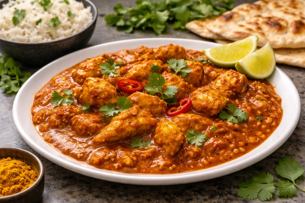 Pollo madr&aacute;s en salsa de tomate y especias servido con patatas a lo pobre, emplatado gourmet y muy luminoso