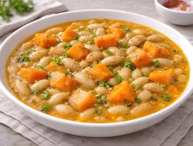 Potaje de alubias blancas con calabaza servido en plato hondo blanco, con alubias tiernas y dados de calabaza en caldo dorado, toque de piment&oacute;n y aceite de oliva, en foto muy luminosa sobre fondo neutro.