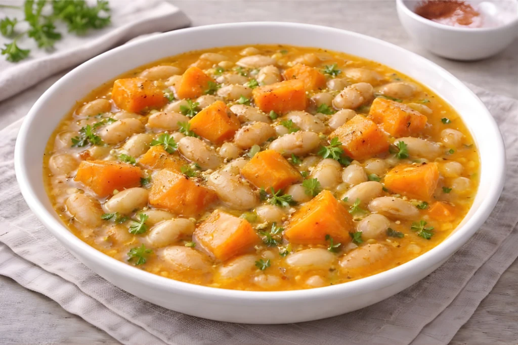 Potaje de alubias blancas con calabaza servido en plato hondo blanco, con alubias tiernas y dados de calabaza en caldo dorado, toque de piment&oacute;n y aceite de oliva, en foto muy luminosa sobre fondo neutro.