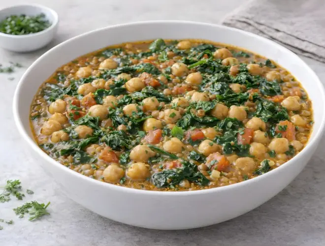 Potaje de garbanzos con espinacas casero, con caldo espeso, tomate y piment&oacute;n, servido caliente en cuenco blanco con luz natural.