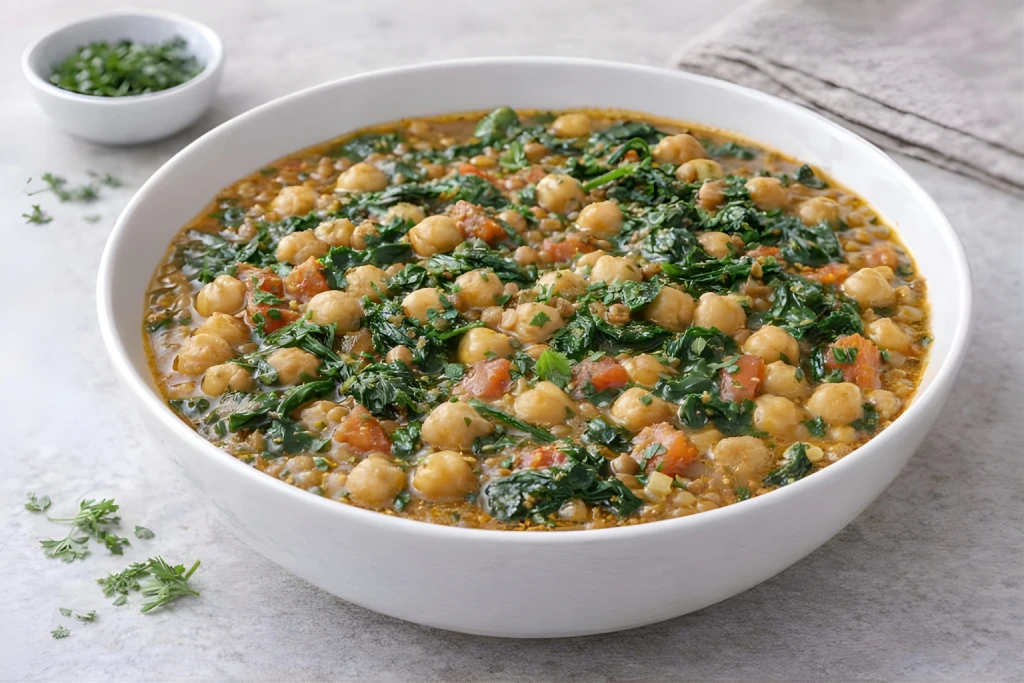 Potaje de garbanzos con espinacas casero, con caldo espeso, tomate y piment&oacute;n, servido caliente en cuenco blanco con luz natural.
