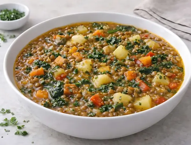 Potaje de lentejas con verduras casero, con zanahoria, patata y verduras troceadas, servido caliente en cuenco blanco con luz natural.