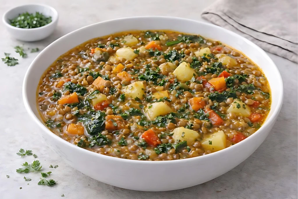 Potaje de lentejas con verduras casero, con zanahoria, patata y verduras troceadas, servido caliente en cuenco blanco con luz natural.