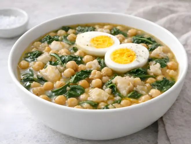 Potaje de vigilia en cuenco blanco con garbanzos, espinacas, bacalao en migas y huevos cocidos, en fondo neutro y muy luminoso