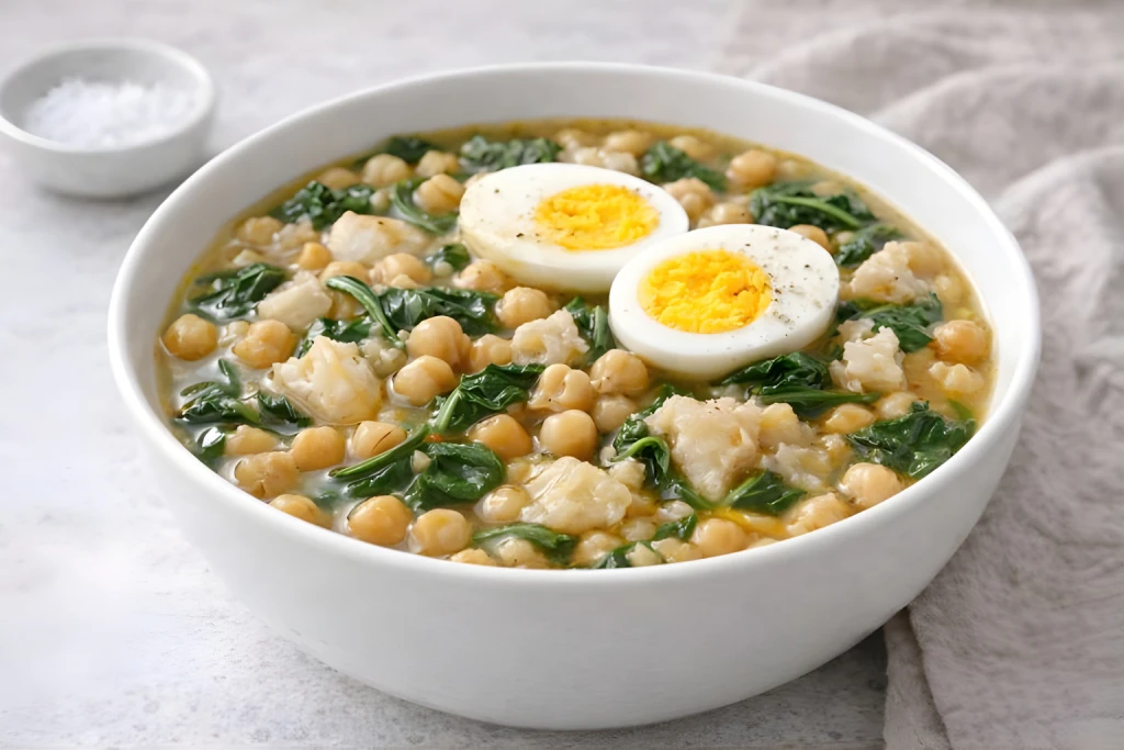 Potaje de vigilia en cuenco blanco con garbanzos, espinacas, bacalao en migas y huevos cocidos, en fondo neutro y muy luminoso