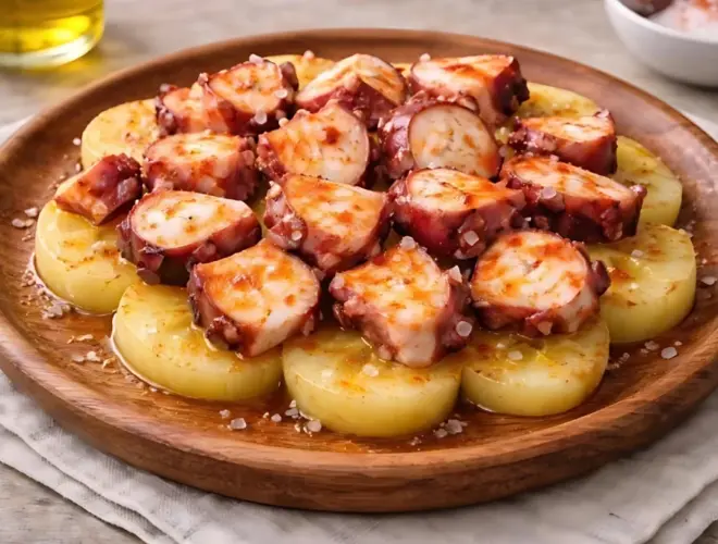 Pulpo a la gallega servido sobre rodajas de patata cocida, con piment&oacute;n dulce, aceite de oliva y sal en escamas, presentado en plato de madera con fondo neutro y luz natural.