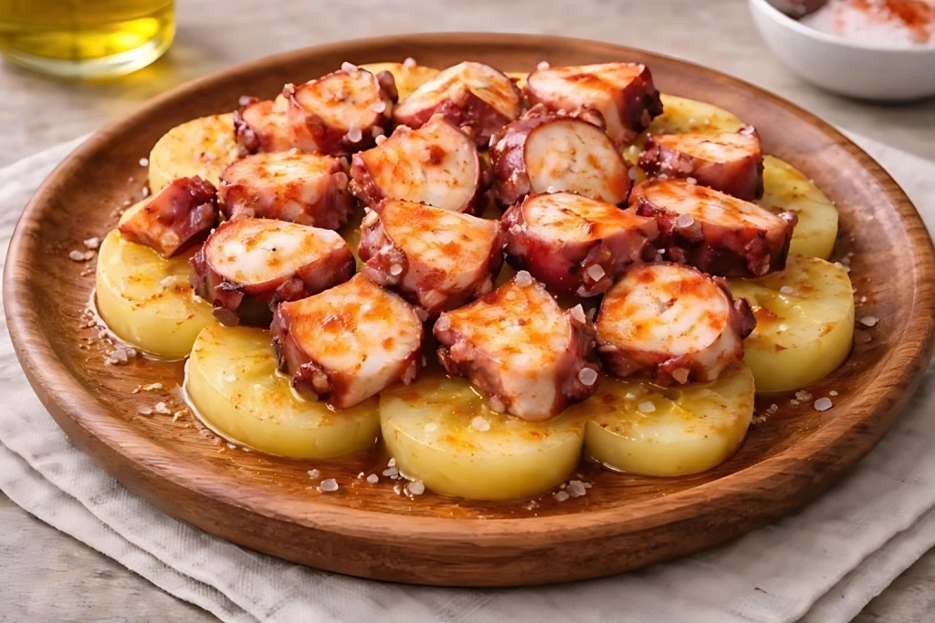 Pulpo a la gallega servido sobre rodajas de patata cocida, con piment&oacute;n dulce, aceite de oliva y sal en escamas, presentado en plato de madera con fondo neutro y luz natural.