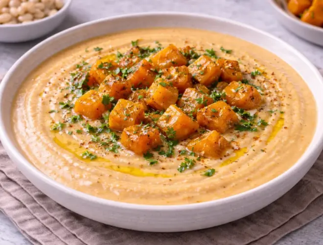 Pur&eacute; de alubias con calabaza en cuenco blanco, textura cremosa color melocot&oacute;n, con hoja de yerbabuena y un hilo de aceite, fondo neutro y luminoso