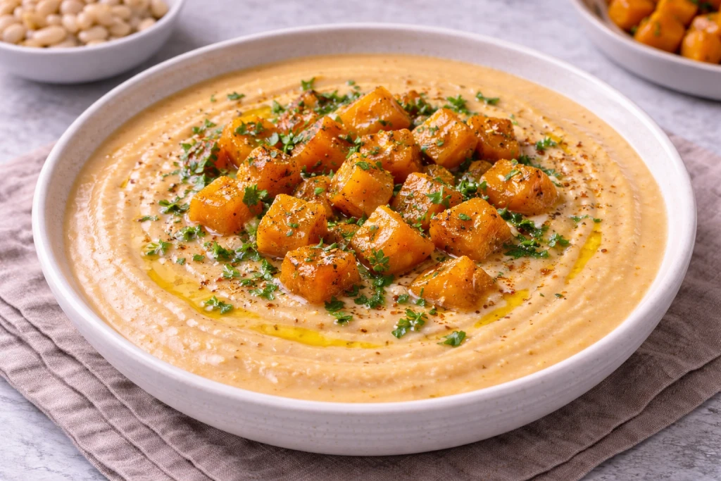 Pur&eacute; de alubias con calabaza en cuenco blanco, textura cremosa color melocot&oacute;n, con hoja de yerbabuena y un hilo de aceite, fondo neutro y luminoso