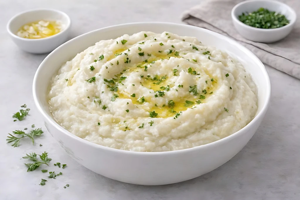 Pur&eacute; de patata sin patatas elaborado con coliflor, cremoso y suave, servido en bol blanco con aceite de oliva y perejil fresco.