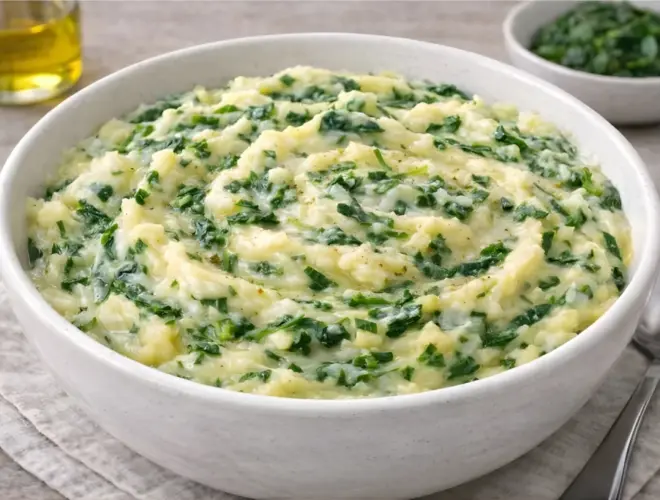 Pur&eacute; de patatas con espinacas cremoso servido en cuenco blanco, con vetas verdes de espinaca y textura suave, en fotograf&iacute;a muy luminosa sobre fondo neutro.