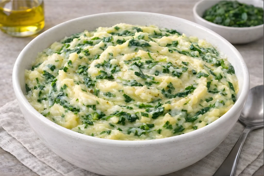 Pur&eacute; de patatas con espinacas cremoso servido en cuenco blanco, con vetas verdes de espinaca y textura suave, en fotograf&iacute;a muy luminosa sobre fondo neutro.