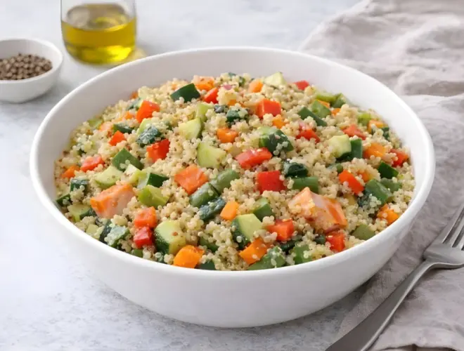 Quinoa con verdura en bol blanco con dados de calabac&iacute;n, zanahoria y pimiento rojo, presentada en fondo neutro y muy luminoso