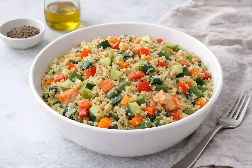 Quinoa con verdura en bol blanco con dados de calabac&iacute;n, zanahoria y pimiento rojo, presentada en fondo neutro y muy luminoso