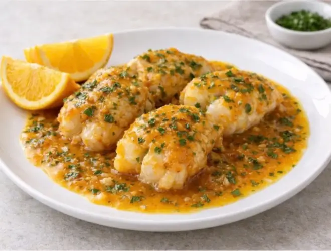 Rape a la naranja con salsa brillante de c&iacute;tricos, servido en plato blanco con luz natural, estilo gourmet y fondo neutro