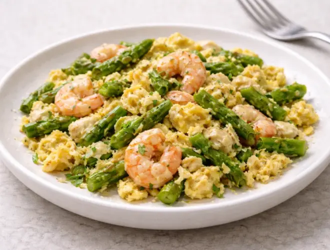 Revuelto de esp&aacute;rragos verdes, ajetes y gambas en bol blanco, huevo jugoso y cremoso, luz natural y fondo neutro