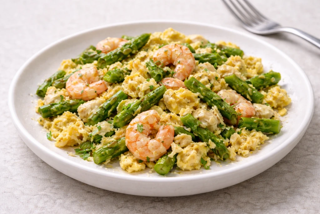 Revuelto de esp&aacute;rragos verdes, ajetes y gambas en bol blanco, huevo jugoso y cremoso, luz natural y fondo neutro