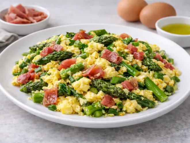 Revuelto de esp&aacute;rragos verdes y ajetes con jam&oacute;n serrano y huevo jugoso, servido en plato blanco con luz natural.