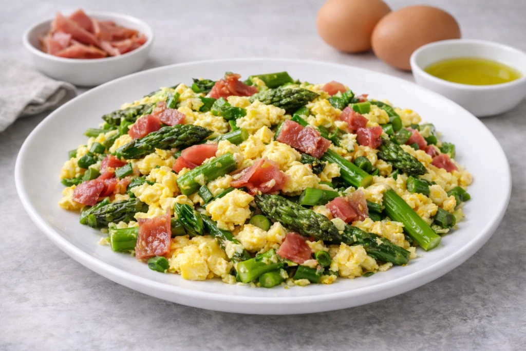 Revuelto de esp&aacute;rragos verdes y ajetes con jam&oacute;n serrano y huevo jugoso, servido en plato blanco con luz natural.