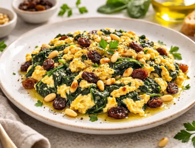 Revuelto de espinacas con pasas y pi&ntilde;ones en plato blanco, con huevo cremoso y acabado brillante