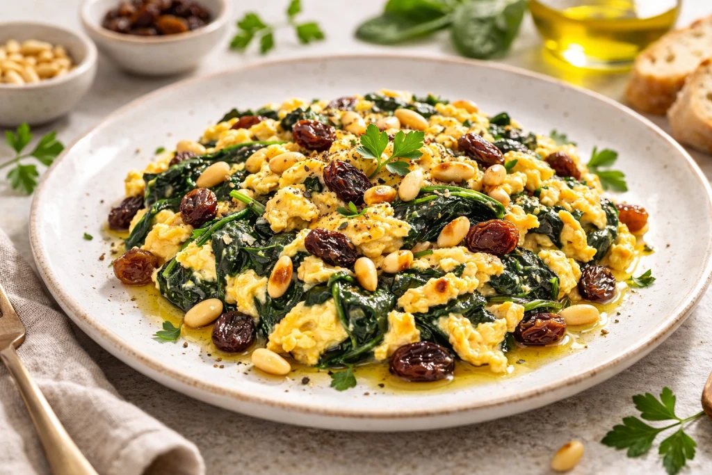 Revuelto de espinacas con pasas y pi&ntilde;ones en plato blanco, con huevo cremoso y acabado brillante
