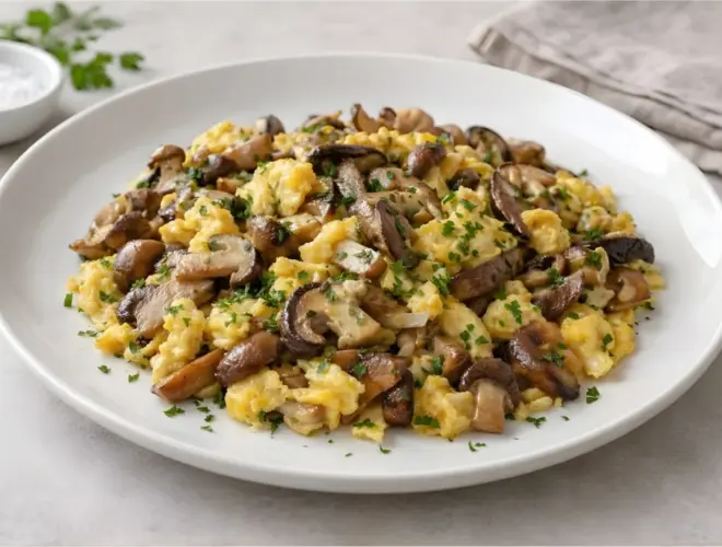 Revuelto de setas cremoso servido en plato blanco, con setas salteadas y huevo cuajado suave, fotograf&iacute;a luminosa y realista.