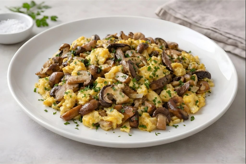 Revuelto de setas cremoso servido en plato blanco, con setas salteadas y huevo cuajado suave, fotograf&iacute;a luminosa y realista.