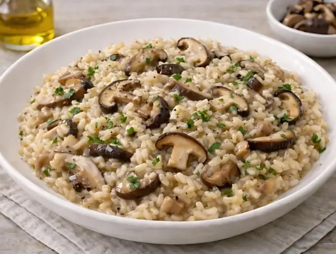 Risotto de setas cremoso con dados de calabaza, esp&aacute;rragos verdes y parmesano servido en cuenco blanco, en fotograf&iacute;a muy luminosa sobre fondo neutro