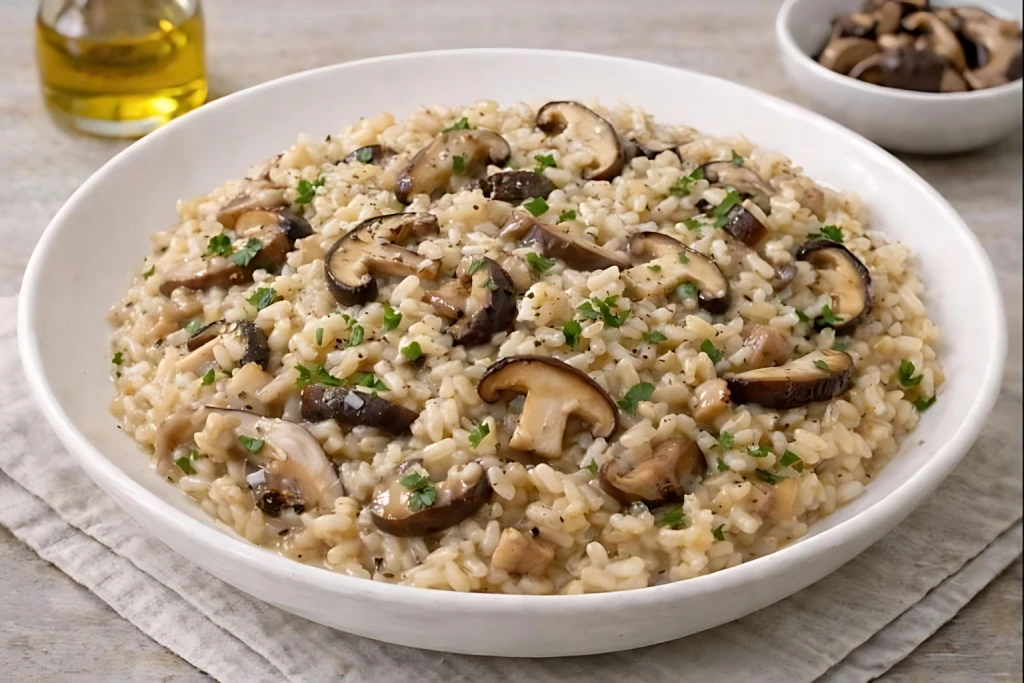 Risotto de setas cremoso con dados de calabaza, esp&aacute;rragos verdes y parmesano servido en cuenco blanco, en fotograf&iacute;a muy luminosa sobre fondo neutro