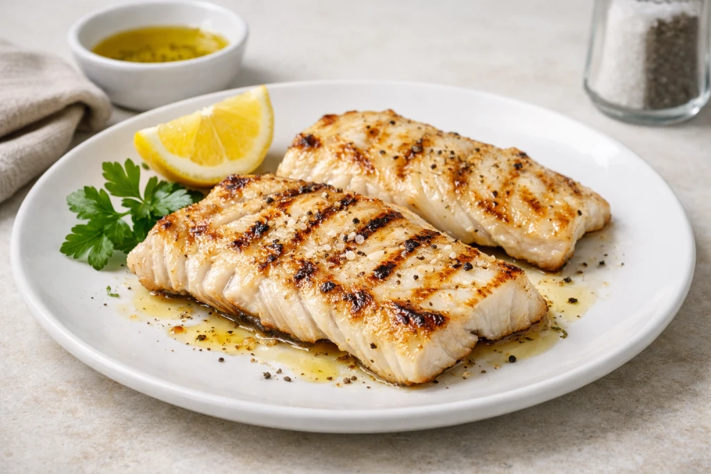 Rosada a la plancha dorada y jugosa en plato blanco con acabado gourmet