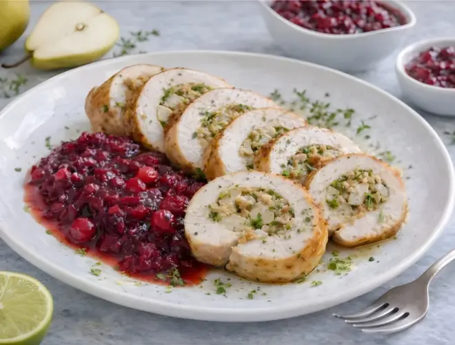 Roulade de pavo rellena de pera y hierbas, servida en rodajas con salsa de ar&aacute;ndanos sin az&uacute;car