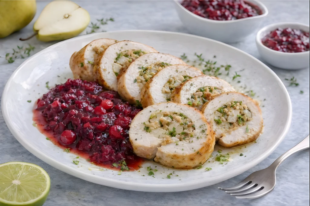 Roulade de pavo rellena de pera y hierbas, servida en rodajas con salsa de ar&aacute;ndanos sin az&uacute;car