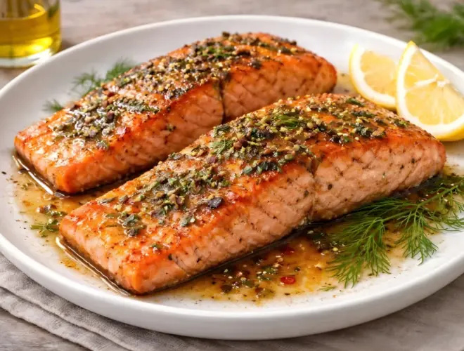 Salm&oacute;n marinado a la plancha con especias, servido en plato blanco con jugos del marinado y gajos de lim&oacute;n, en fotograf&iacute;a muy luminosa y realista