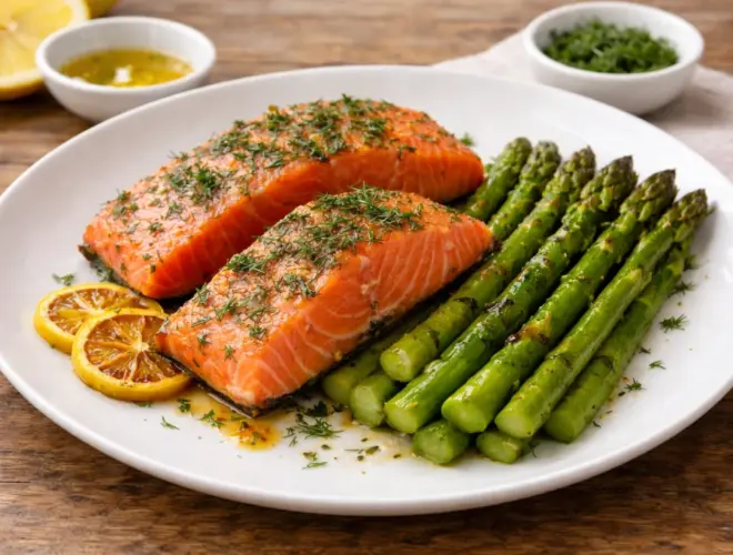 Salm&oacute;n marinado con esp&aacute;rragos verdes a la plancha, servido en plato blanco con luz natural y acabado gourmet.