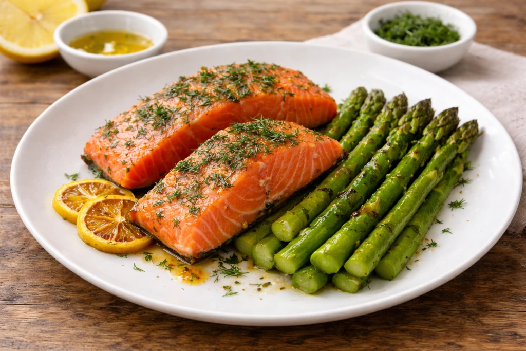 Salm&oacute;n marinado con esp&aacute;rragos verdes a la plancha, servido en plato blanco con luz natural y acabado gourmet.