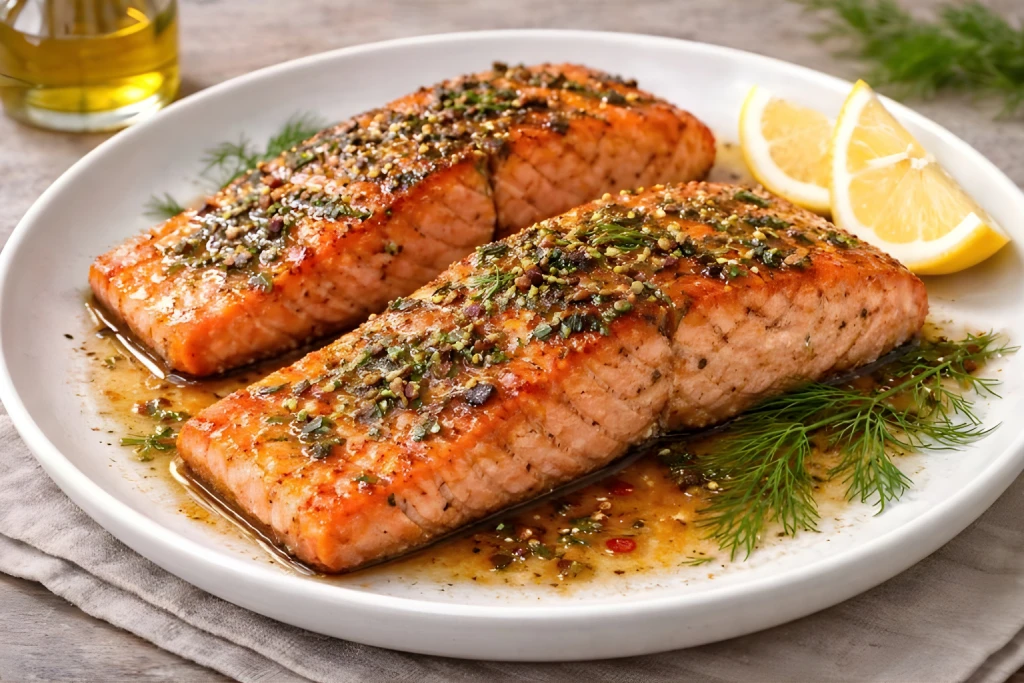 Salm&oacute;n marinado a la plancha con especias, servido en plato blanco con jugos del marinado y gajos de lim&oacute;n, en fotograf&iacute;a muy luminosa y realista