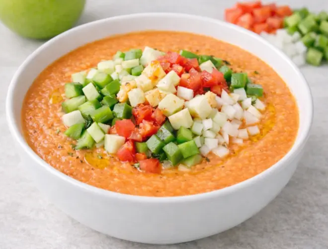 Salmorejo bajo en calor&iacute;as de tomate y manzana, servido en cuenco blanco y decorado con pepino, pimiento verde, cebolla y dados de tomate.