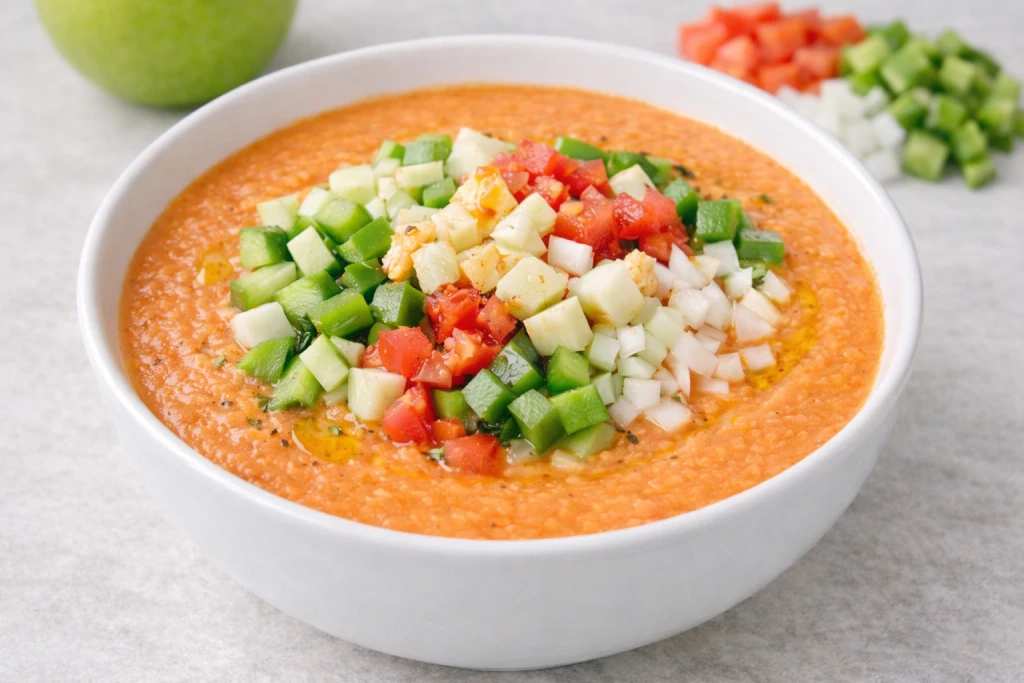 Salmorejo bajo en calor&iacute;as de tomate y manzana, servido en cuenco blanco y decorado con pepino, pimiento verde, cebolla y dados de tomate.