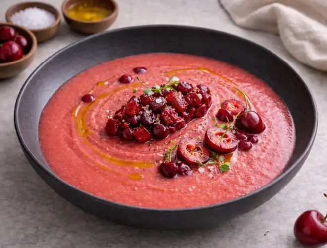 Salmorejo de cerezas en cuenco blanco, crema fr&iacute;a rosada con cerezas picadas y un hilo de aceite de oliva, foto gourmet luminosa y fondo neutro.