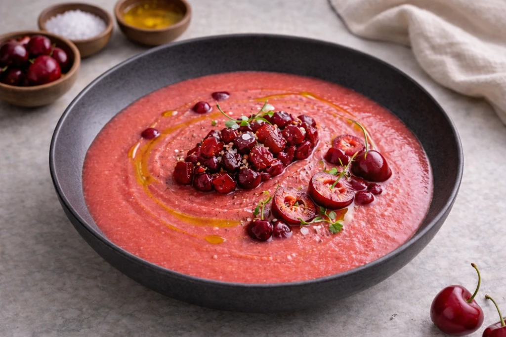 Salmorejo de cerezas en cuenco blanco, crema fr&iacute;a rosada con cerezas picadas y un hilo de aceite de oliva, foto gourmet luminosa y fondo neutro.