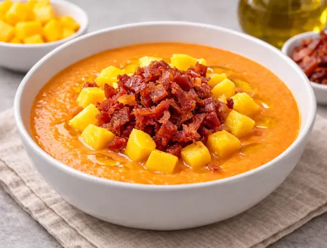Salmorejo de mango con crujiente de jam&oacute;n serrano, servido muy fr&iacute;o y decorado con dados de mango y jam&oacute;n crujiente en un cuenco blanco.