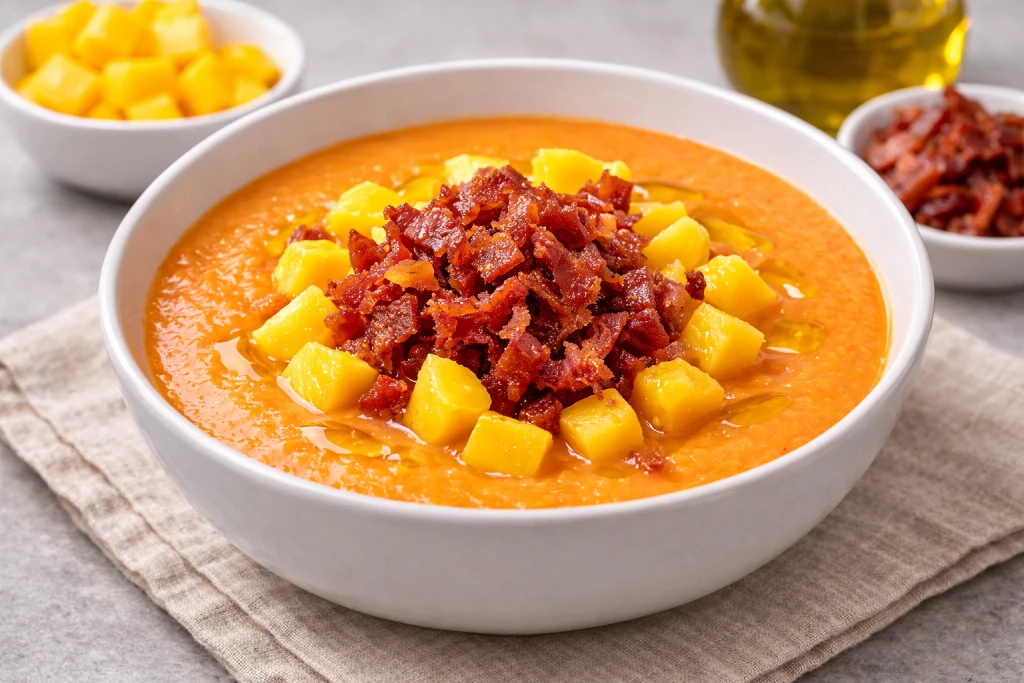 Salmorejo de mango con crujiente de jam&oacute;n serrano, servido muy fr&iacute;o y decorado con dados de mango y jam&oacute;n crujiente en un cuenco blanco.