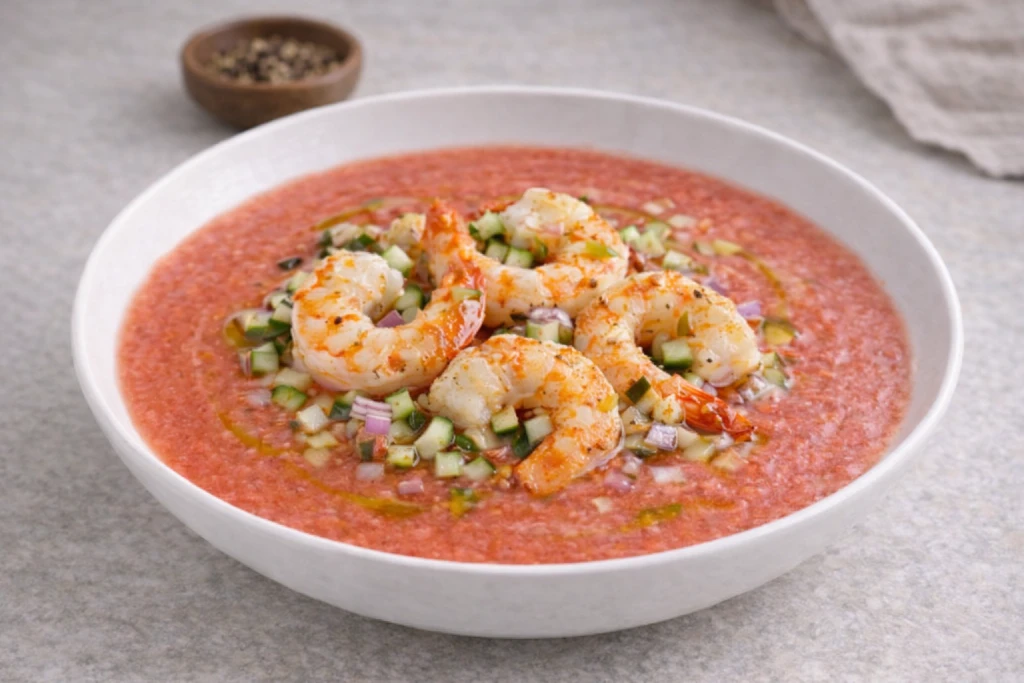Salmorejo de sand&iacute;a y langostinos en plato blanco, con langostinos a la plancha y un hilo de aceite de oliva, foto gourmet luminosa sobre fondo neutro.