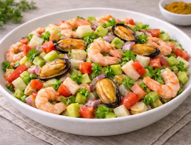 Salpic&oacute;n de marisco servido en fuente blanca con gambas, mejillones, surimi y verduras picadas (tomate, pepino y pimiento), ali&ntilde;ado con aceite y vinagre, en foto muy luminosa y realista.