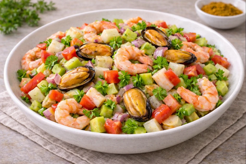 Salpic&oacute;n de marisco servido en fuente blanca con gambas, mejillones, surimi y verduras picadas (tomate, pepino y pimiento), ali&ntilde;ado con aceite y vinagre, en foto muy luminosa y realista.